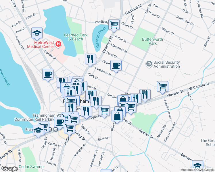 map of restaurants, bars, coffee shops, grocery stores, and more near 76 Clinton Street in Framingham