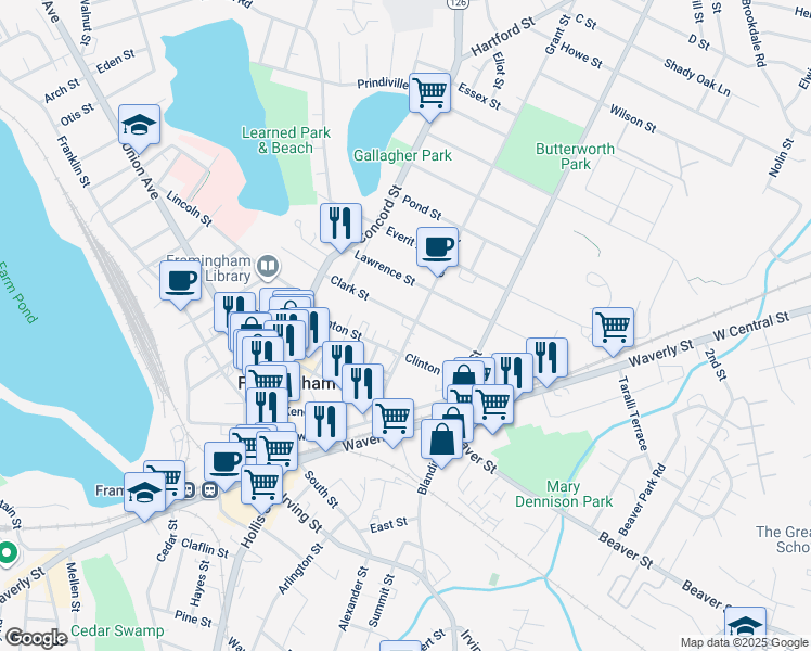 map of restaurants, bars, coffee shops, grocery stores, and more near 76 Grant Street in Framingham