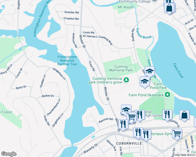 map of restaurants, bars, coffee shops, grocery stores, and more near 26 Crest Road in Framingham