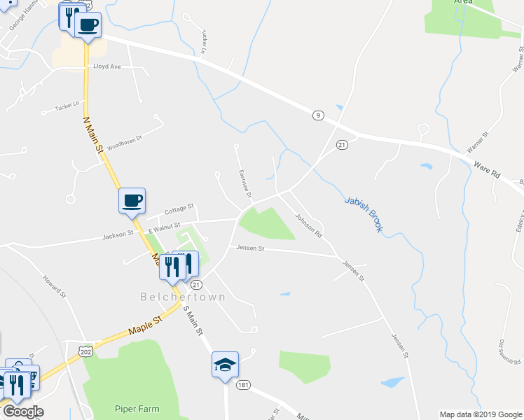 map of restaurants, bars, coffee shops, grocery stores, and more near 174 Jabish Street in Belchertown