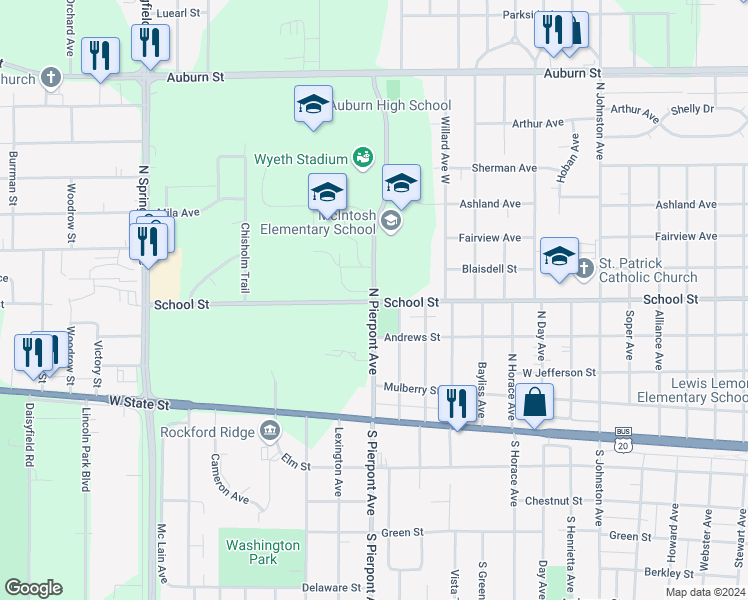 map of restaurants, bars, coffee shops, grocery stores, and more near 520 North Pierpont Avenue in Rockford