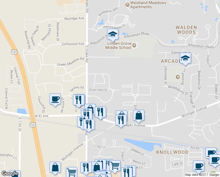 map of restaurants, bars, coffee shops, grocery stores, and more near 4609 Dover Hills Dr in Kalamazoo