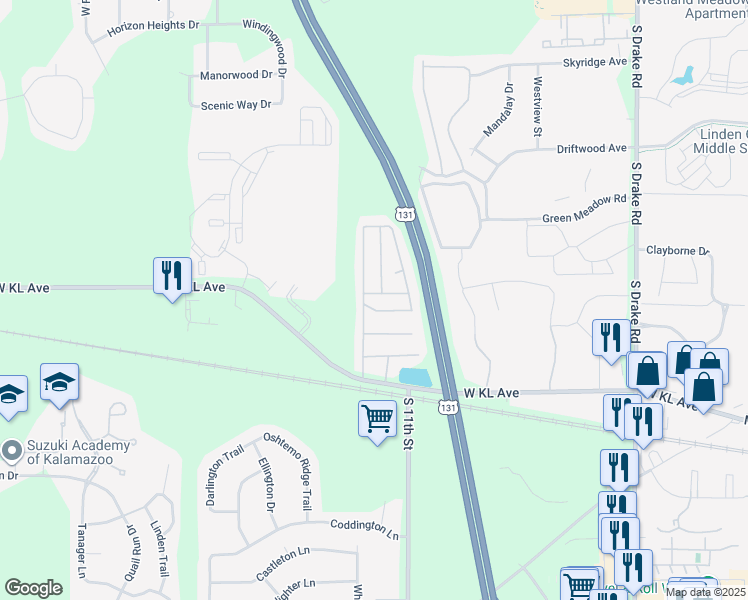 map of restaurants, bars, coffee shops, grocery stores, and more near 5400-5520 Redcoat Lane in Kalamazoo
