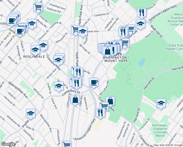 map of restaurants, bars, coffee shops, grocery stores, and more near 55 Stella Road in Boston