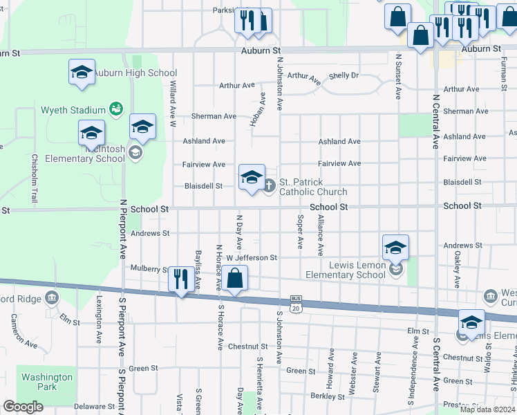 map of restaurants, bars, coffee shops, grocery stores, and more near 2605 School Street in Rockford