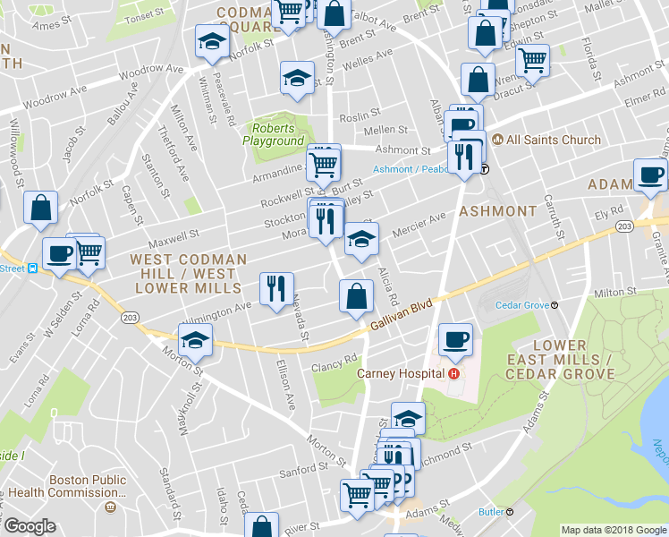 map of restaurants, bars, coffee shops, grocery stores, and more near 17-21 Ogden Street in Boston
