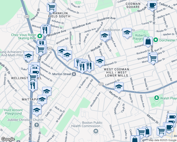 map of restaurants, bars, coffee shops, grocery stores, and more near 907 Morton Street in Boston