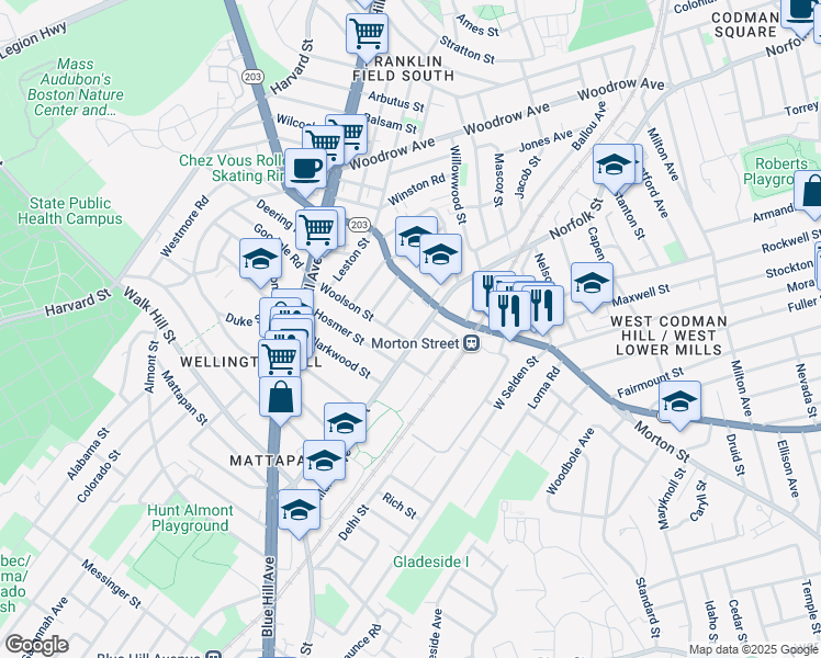 map of restaurants, bars, coffee shops, grocery stores, and more near 466 Norfolk Street in Boston