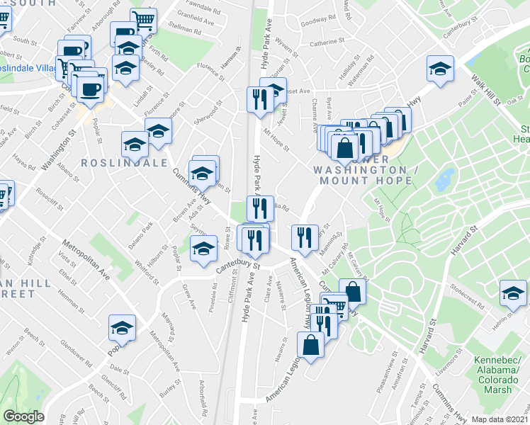 map of restaurants, bars, coffee shops, grocery stores, and more near 22 Harding Road in Boston