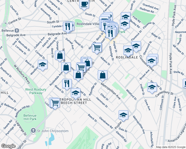 map of restaurants, bars, coffee shops, grocery stores, and more near 16 Denton Terrace in Boston