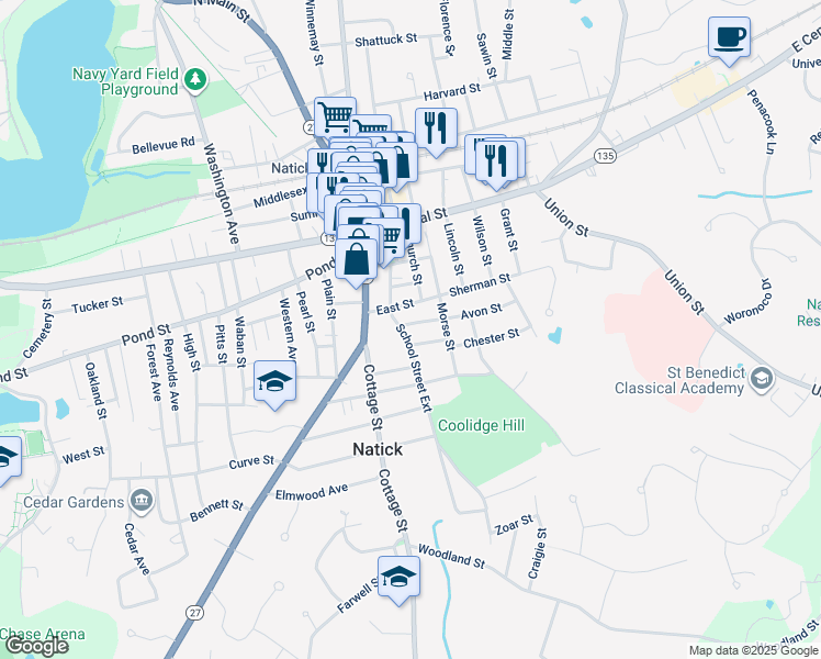 map of restaurants, bars, coffee shops, grocery stores, and more near 2 Cottage Street in Natick
