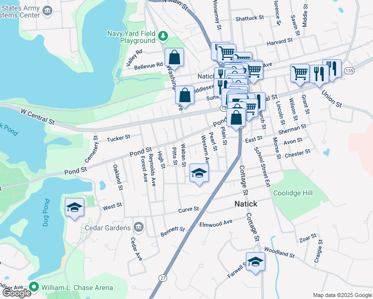 map of restaurants, bars, coffee shops, grocery stores, and more near 10 Waban Street in Natick