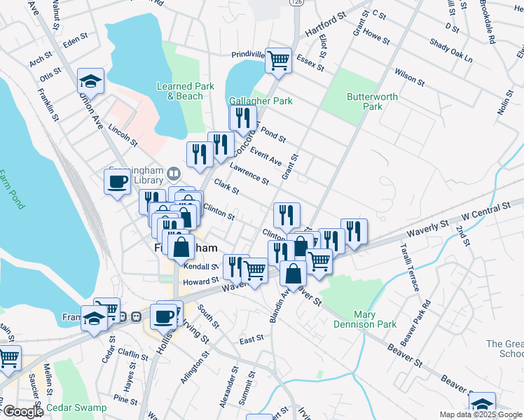 map of restaurants, bars, coffee shops, grocery stores, and more near 76 Clinton Street in Framingham