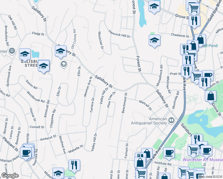 map of restaurants, bars, coffee shops, grocery stores, and more near 5 Pine Tree Drive in Worcester