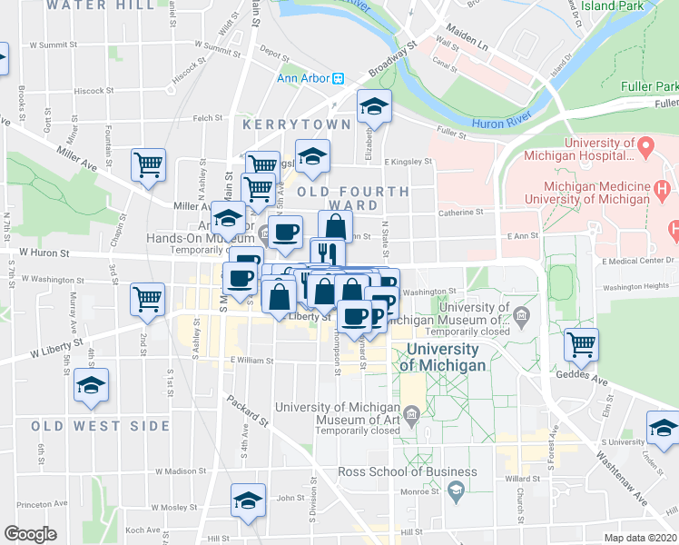 map of restaurants, bars, coffee shops, grocery stores, and more near in Ann Arbor