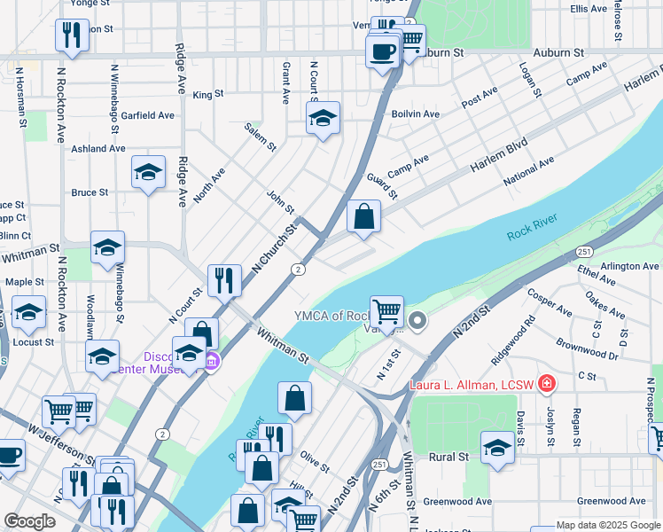 map of restaurants, bars, coffee shops, grocery stores, and more near 122 Franklin Place in Rockford