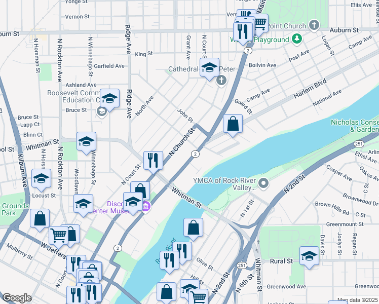 map of restaurants, bars, coffee shops, grocery stores, and more near 975 North Main Street in Rockford