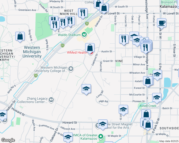 map of restaurants, bars, coffee shops, grocery stores, and more near 1101 Oakland Drive in Kalamazoo