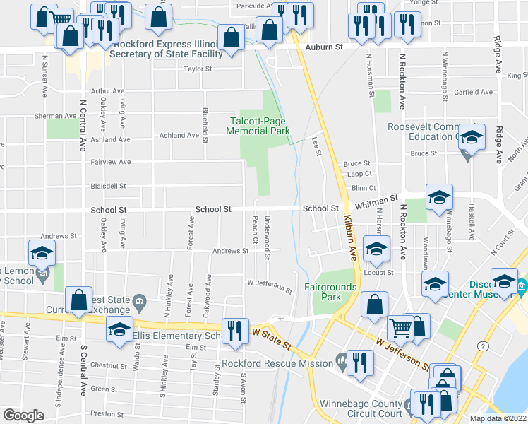 map of restaurants, bars, coffee shops, grocery stores, and more near 1050 School Street in Rockford