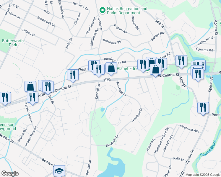 map of restaurants, bars, coffee shops, grocery stores, and more near 6 Village Green Lane in Natick