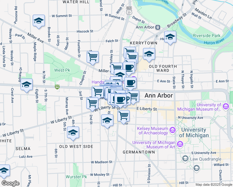 map of restaurants, bars, coffee shops, grocery stores, and more near 126 South Main Street in Ann Arbor