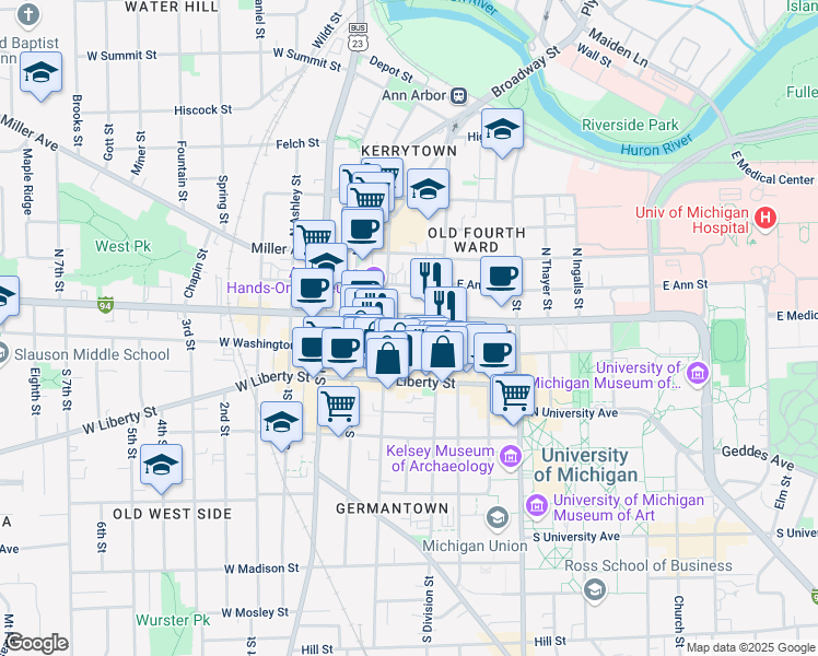 map of restaurants, bars, coffee shops, grocery stores, and more near 324 East Huron Street in Ann Arbor