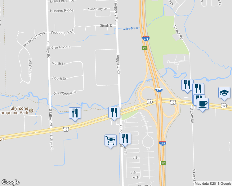 map of restaurants, bars, coffee shops, grocery stores, and more near 3524 South Haggerty Road in Canton