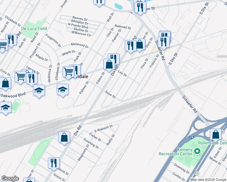map of restaurants, bars, coffee shops, grocery stores, and more near 17700 Clarann Street in Melvindale