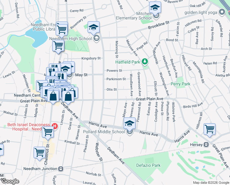 map of restaurants, bars, coffee shops, grocery stores, and more near 739 Great Plain Avenue in Needham