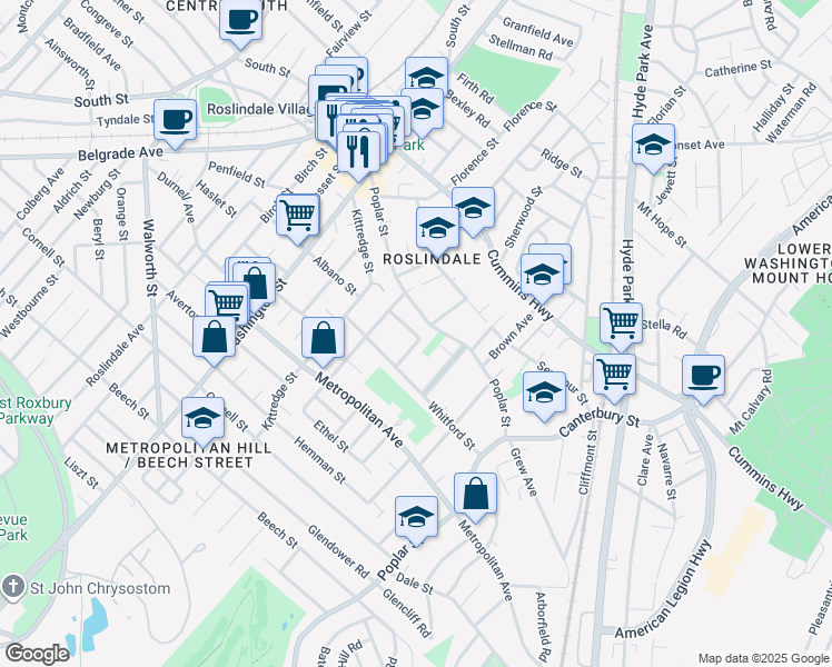map of restaurants, bars, coffee shops, grocery stores, and more near 123 Hillview Avenue in Boston