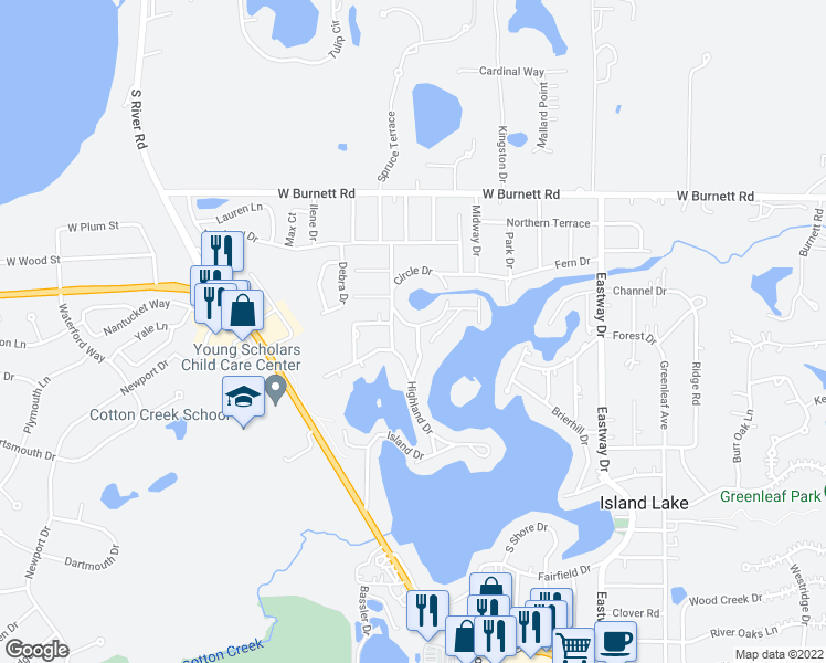 map of restaurants, bars, coffee shops, grocery stores, and more near 3317 Charles Court in Island Lake