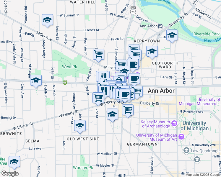 map of restaurants, bars, coffee shops, grocery stores, and more near 201 South 1st Street in Ann Arbor