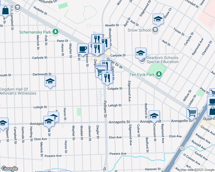map of restaurants, bars, coffee shops, grocery stores, and more near 4112 Detroit Street in Dearborn Heights