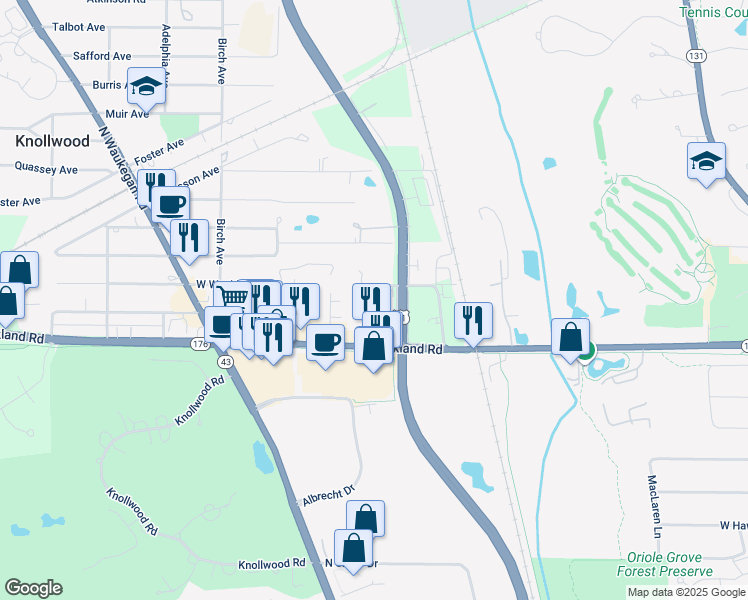 map of restaurants, bars, coffee shops, grocery stores, and more near 17 Shagbark Road in Lake Bluff