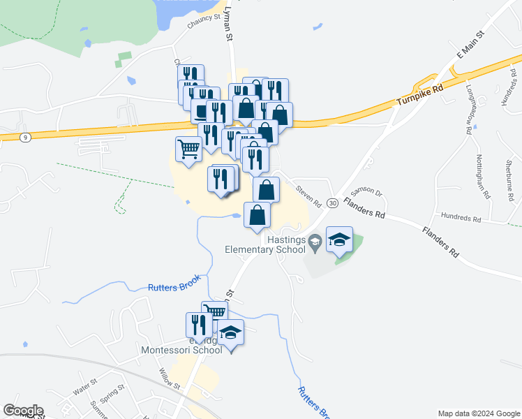 map of restaurants, bars, coffee shops, grocery stores, and more near 13 Lyman Street in Westborough