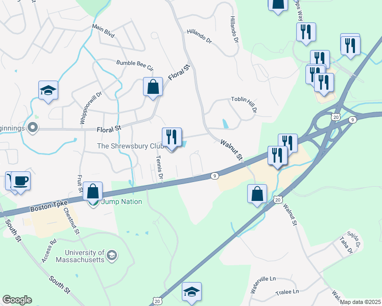 map of restaurants, bars, coffee shops, grocery stores, and more near 14 Lebeaux Drive in Shrewsbury