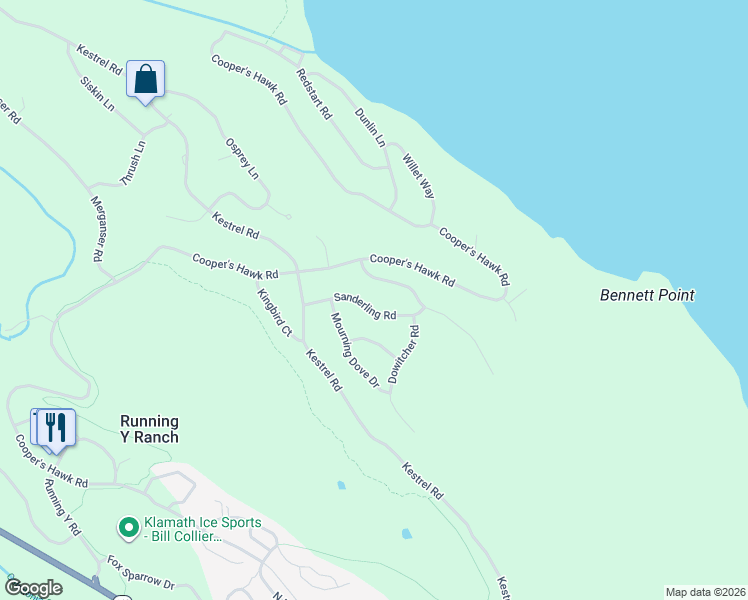 map of restaurants, bars, coffee shops, grocery stores, and more near 6352 Sanderling Road in Klamath Falls