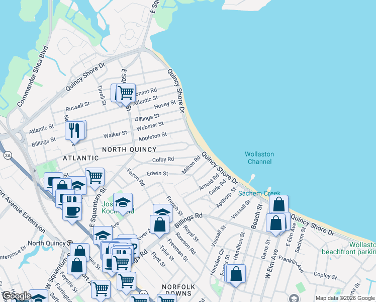 map of restaurants, bars, coffee shops, grocery stores, and more near 34 Milton Road in Quincy
