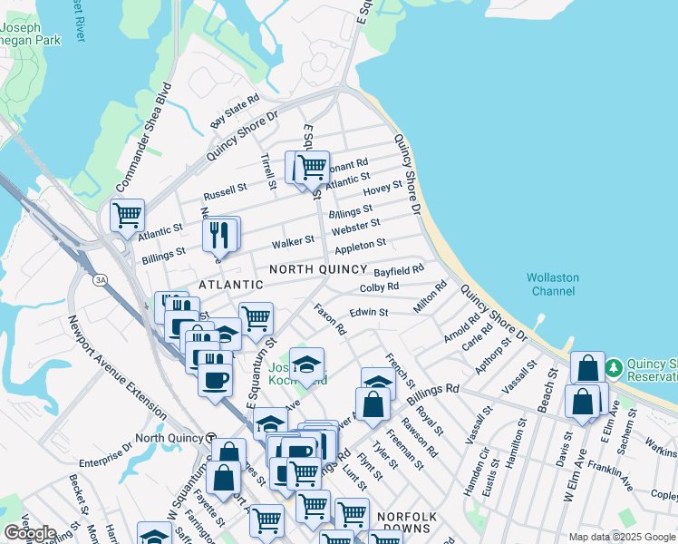 map of restaurants, bars, coffee shops, grocery stores, and more near 18 Sharon Road in Quincy