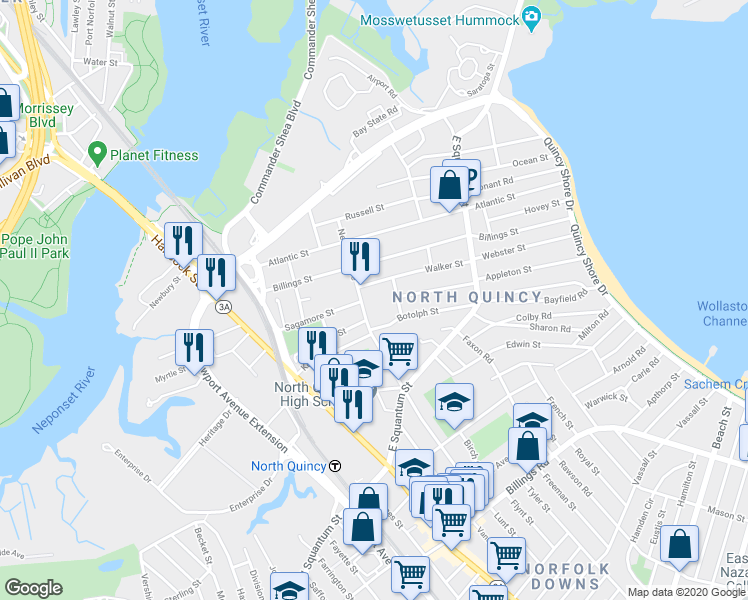 map of restaurants, bars, coffee shops, grocery stores, and more near in Quincy