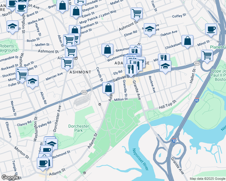 map of restaurants, bars, coffee shops, grocery stores, and more near 45 Milwood Street in Boston