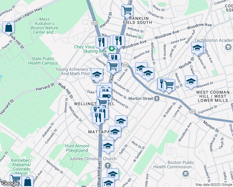 map of restaurants, bars, coffee shops, grocery stores, and more near 32 Clarkwood Street in Boston