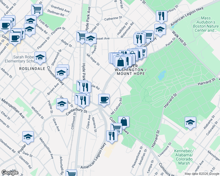 map of restaurants, bars, coffee shops, grocery stores, and more near 869 Canterbury Street in Boston