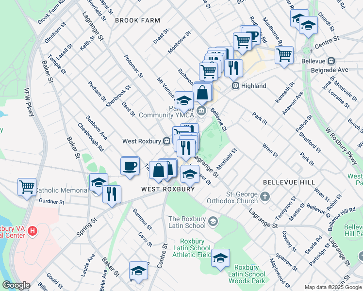 map of restaurants, bars, coffee shops, grocery stores, and more near 408 Lagrange Street in Boston