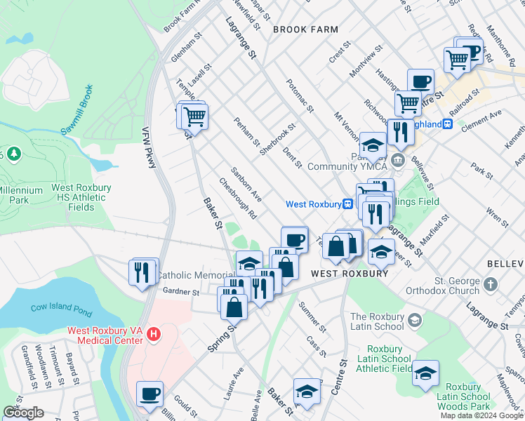 map of restaurants, bars, coffee shops, grocery stores, and more near 30 Chesbrough Road in Boston