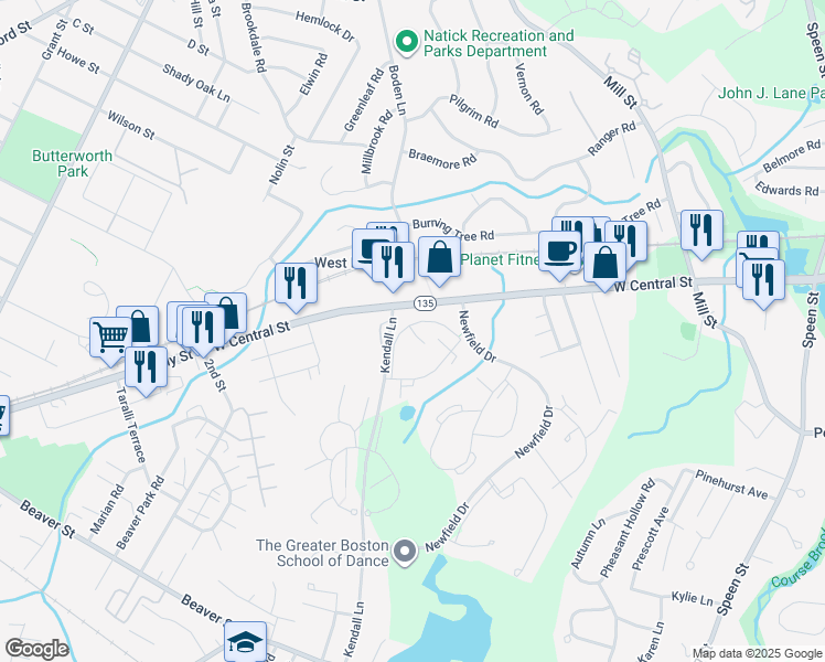 map of restaurants, bars, coffee shops, grocery stores, and more near 6 Village Green Lane in Natick