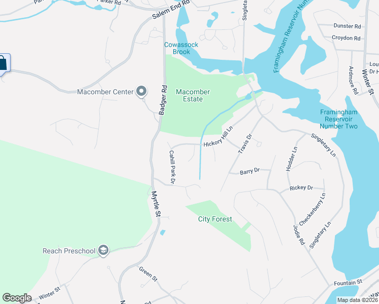 map of restaurants, bars, coffee shops, grocery stores, and more near 6 Macdonald Lane in Framingham