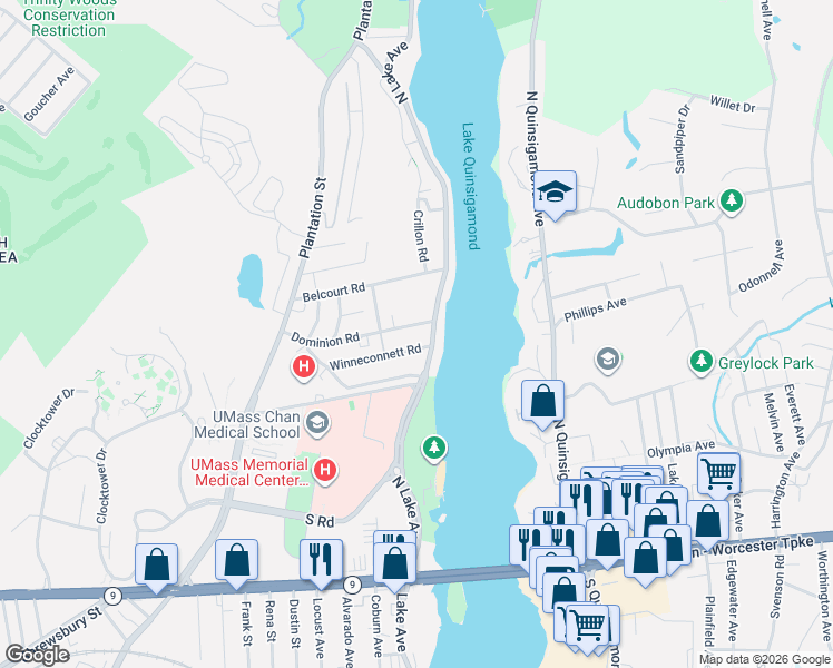 map of restaurants, bars, coffee shops, grocery stores, and more near 7 Winneconnett Road in Worcester