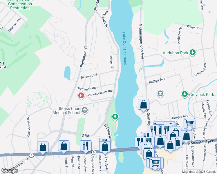 map of restaurants, bars, coffee shops, grocery stores, and more near 7 Winneconnett Road in Worcester