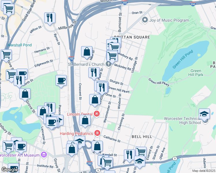 map of restaurants, bars, coffee shops, grocery stores, and more near 177 Lincoln Street in Worcester